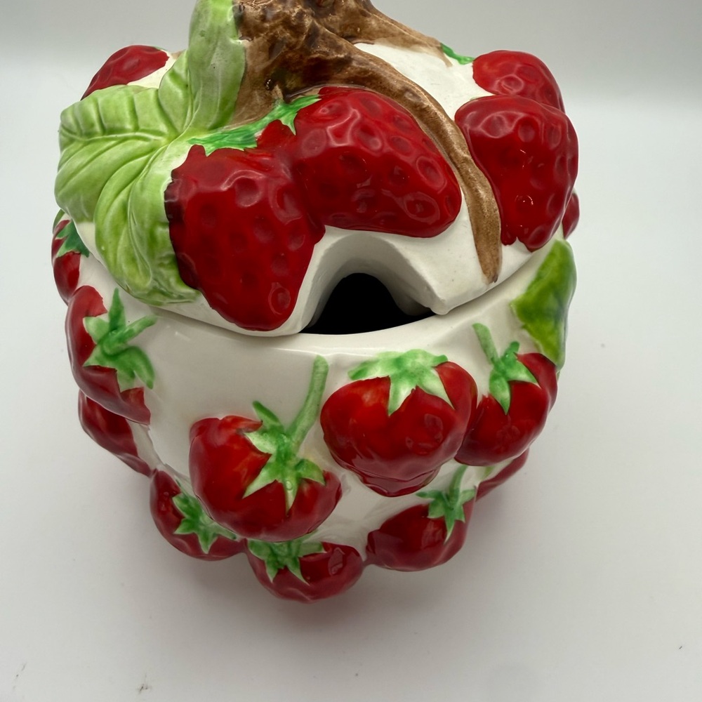 Lefton Red and Green Strawberry Ceramic jelly jar Jar